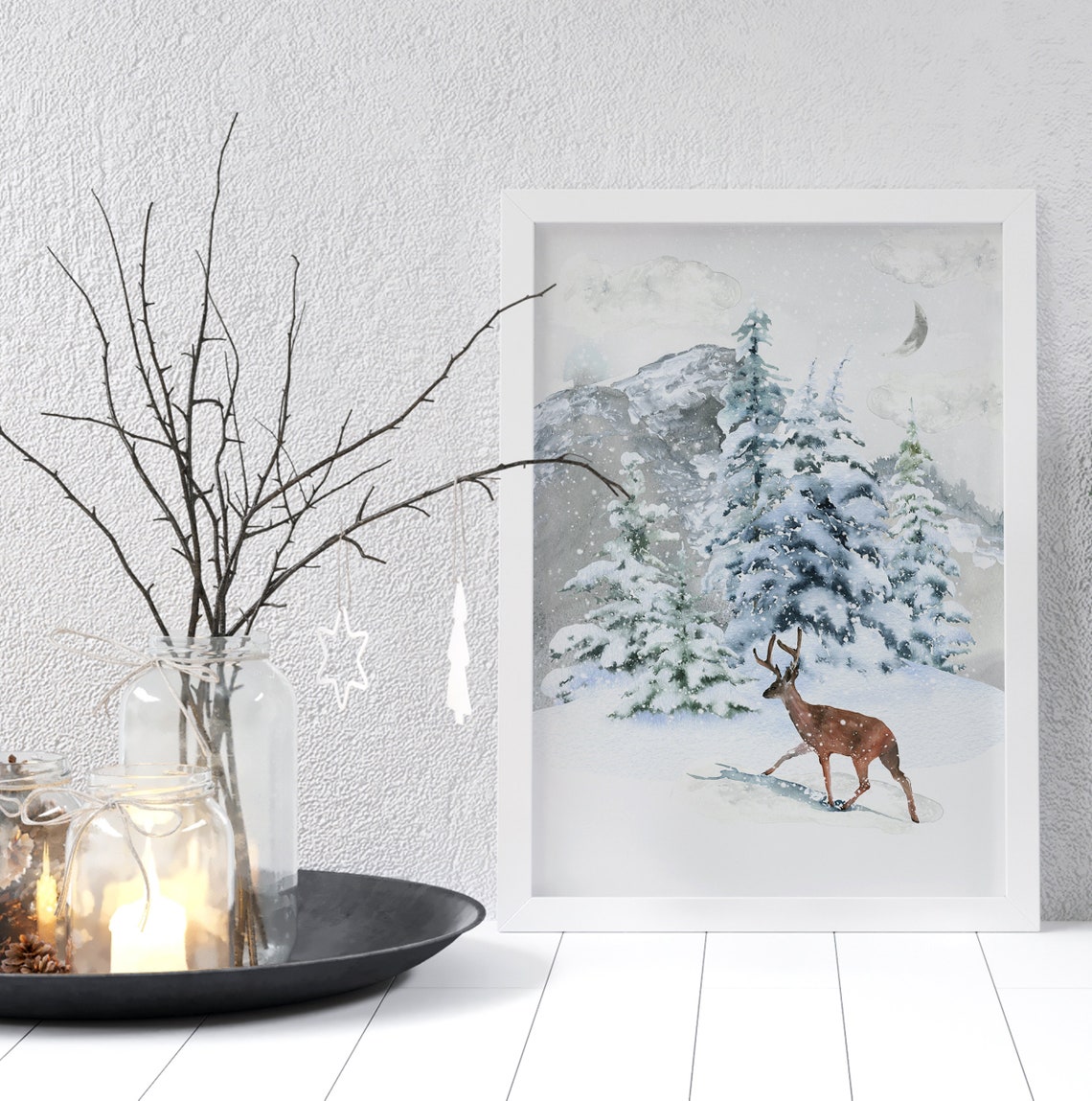 Deer Standing In Snowy Pine Forest Under Crescent Moon Poster - Image 2