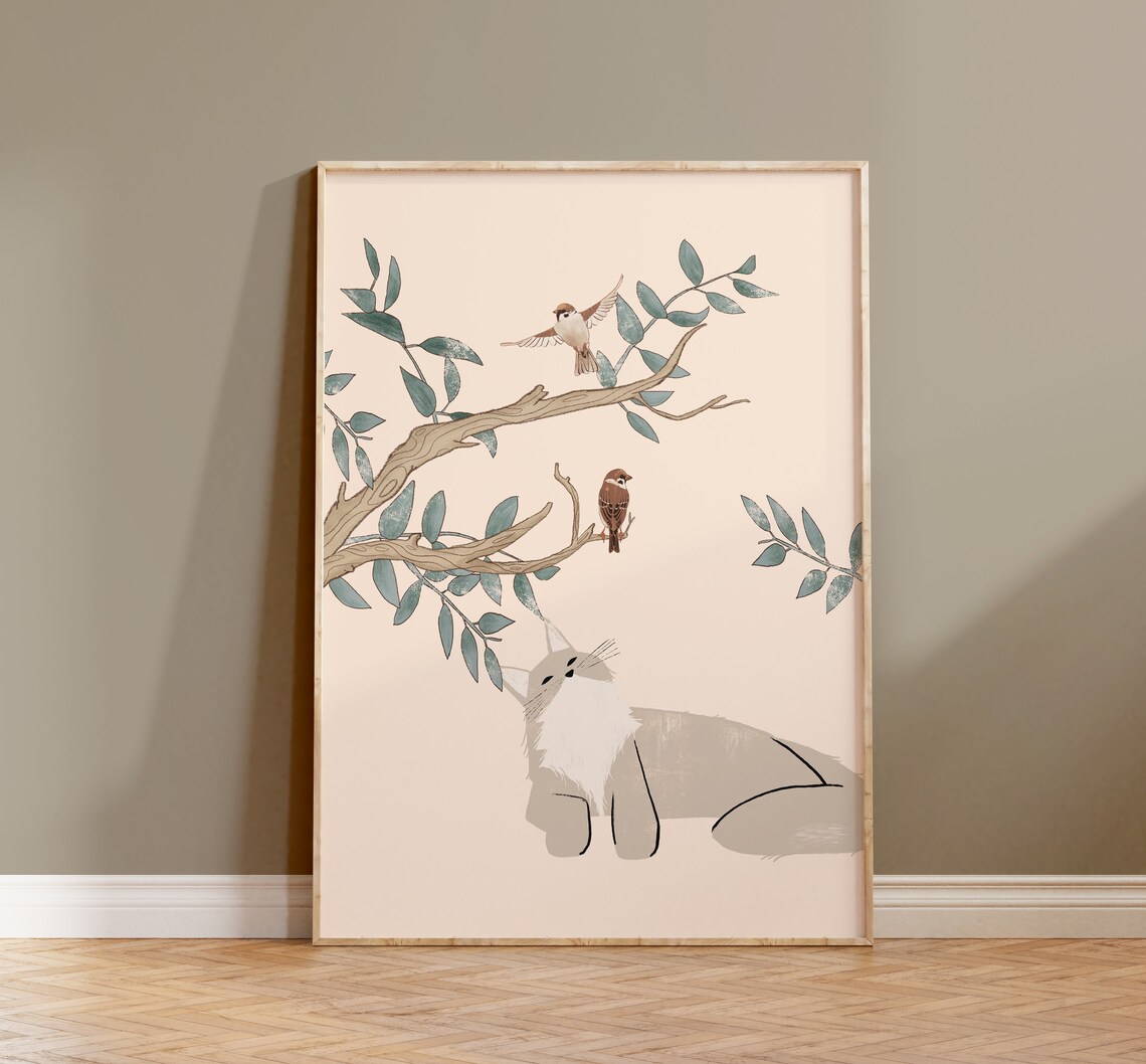 Lazy Cat and Birds Botanical Cat Wall Art Print
