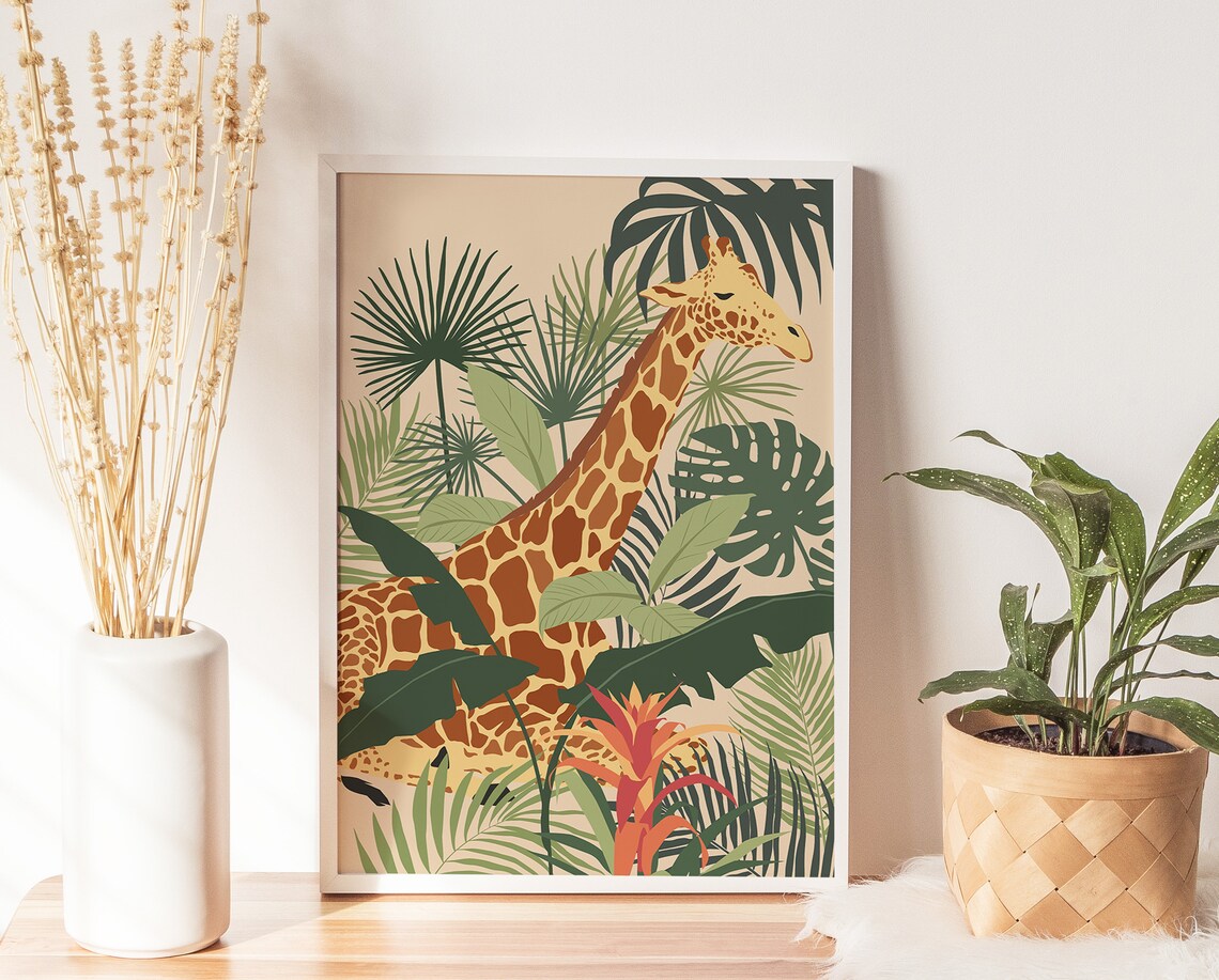 Giraffe and Tropical Plants Wild Animal Art Print