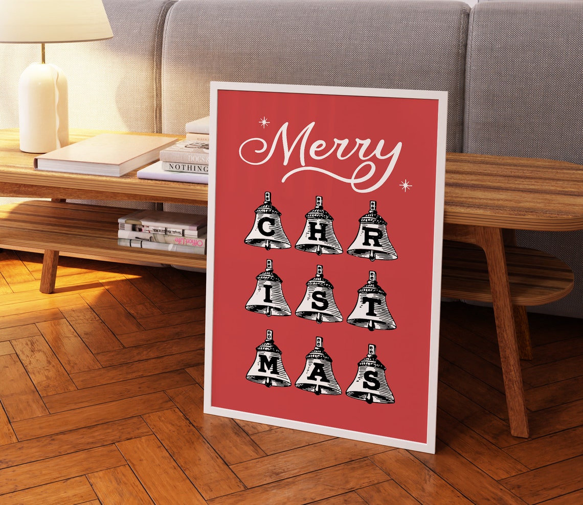 Merry Christmas Letter Bells Red Vintage Holiday Greeting Wall Art - Image 3