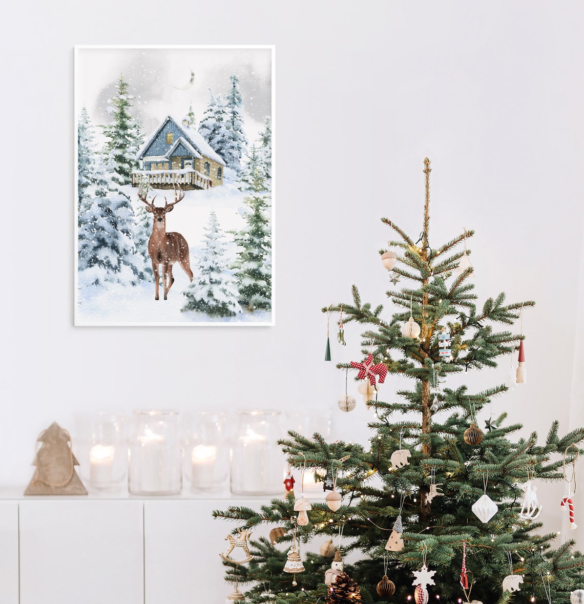 Majestic Buck Deer Before Snowy Cabin Under Crescent Moon Poster - Image 2