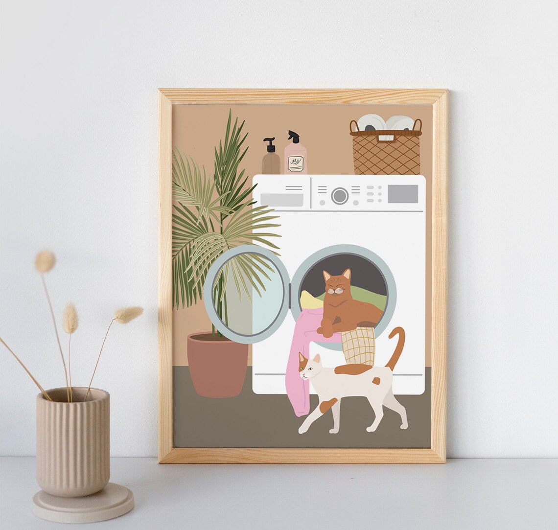 Cats In Laundry Room Boho Cat and Plant Art Print