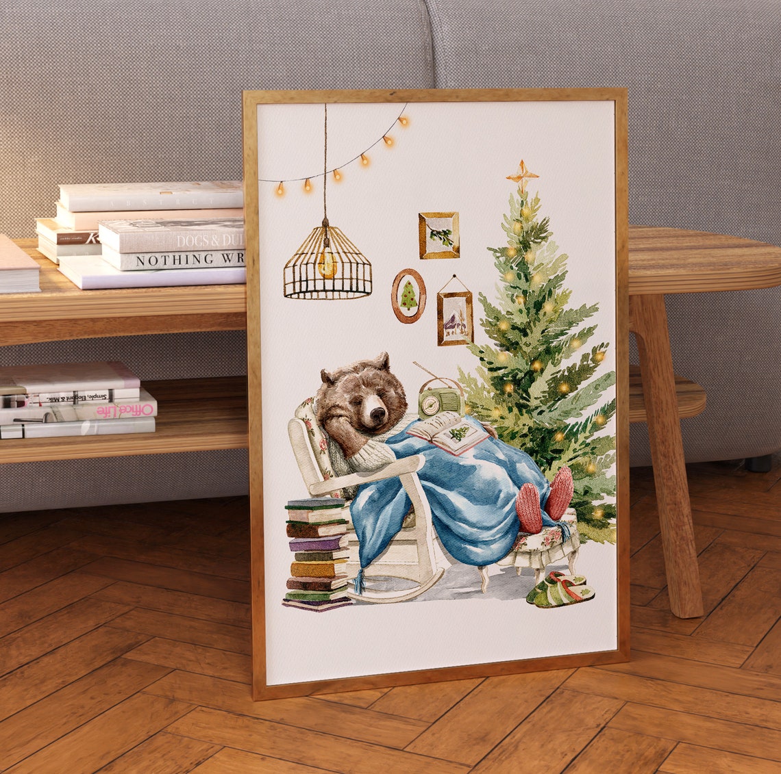 Sleepy Brown Bear Napping By Christmas Tree Watercolor Wall Art - Image 3