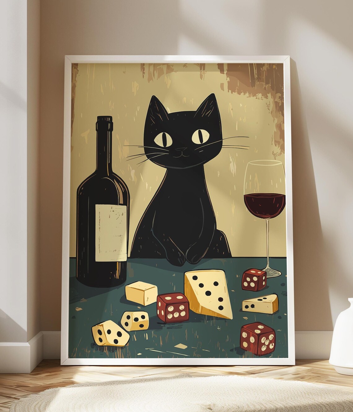 Black Cat Wine Cheese Dice Retro French Bistro Cartoon Poster