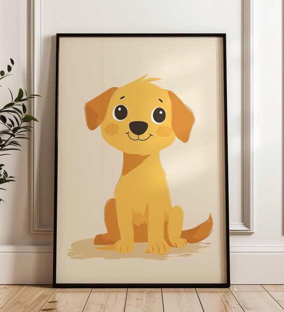Cute Smiling Golden Puppy Cartoon Nursery Kids Room Wall Art