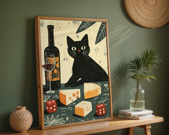 Black Cat Wine and Cheese Game Night Dice Illustration Poster