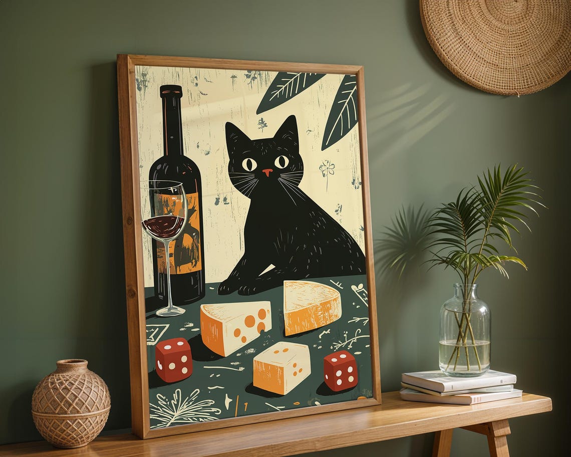 Black Cat Wine and Cheese Game Night Dice Illustration Poster