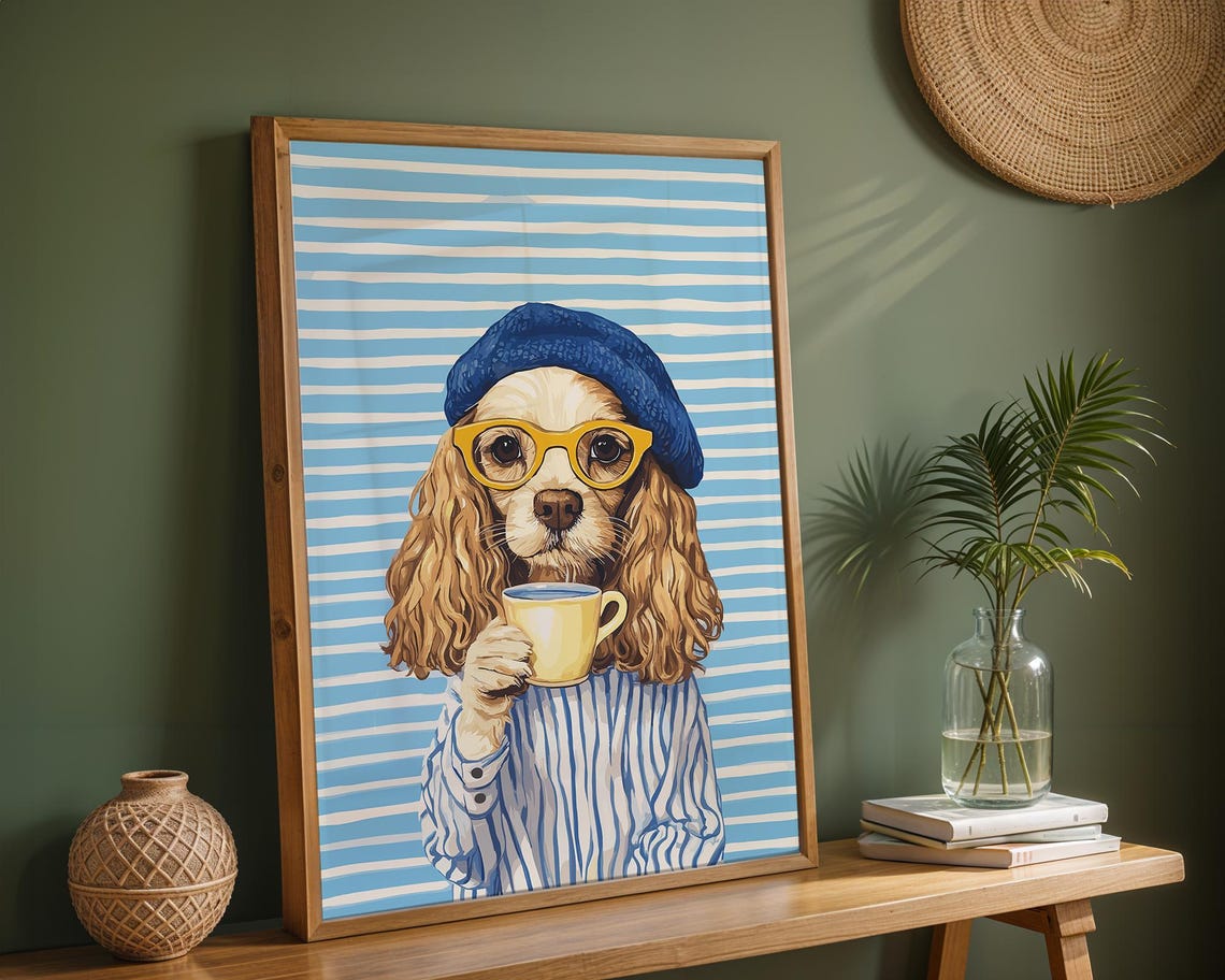 Cocker Spaniel in Beanie and Glasses Holding Coffee Mug Poster - Image 3