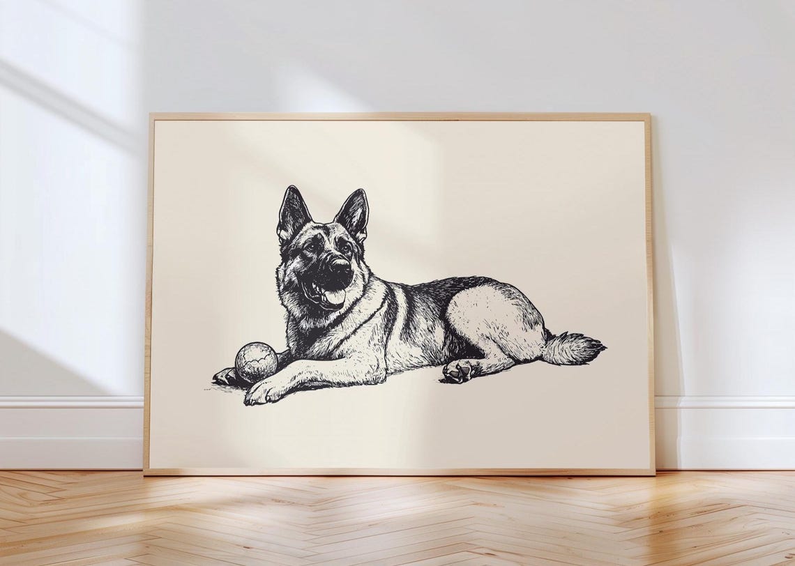 German Shepherd Resting With Ball Vintage Style Ink Sketch Poster