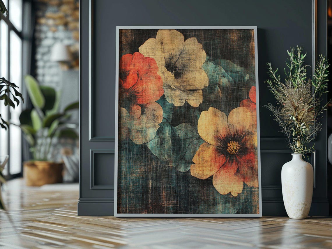 Rustic Vintage Peony Blooms Dark Teal Textured Floral Botanical Poster - Image 3