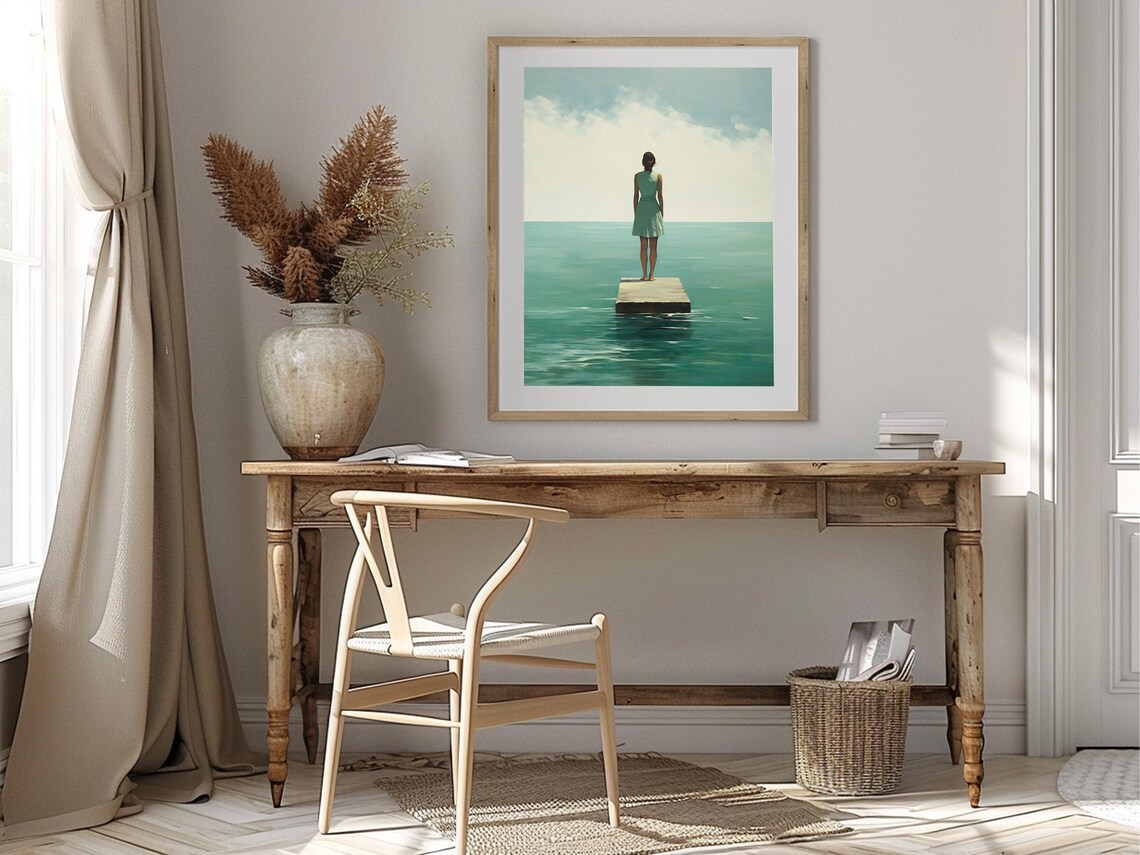 Woman on Dock Overlooking Turquoise Ocean Minimalist Sea Art Print - Image 2