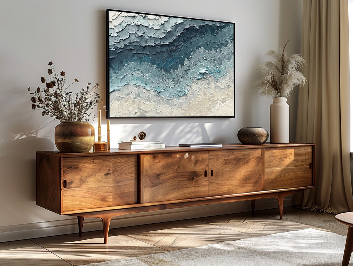 Cool Blue Teal Ocean Waves Layered Impasto Textured Abstract Poster - Image 2