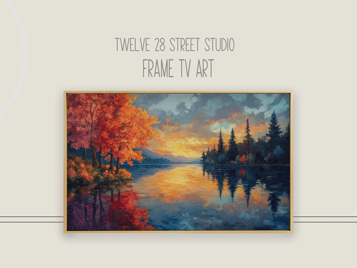 Autumn Lake Sunset Mirror Reflection Orange Trees Serene Art Poster