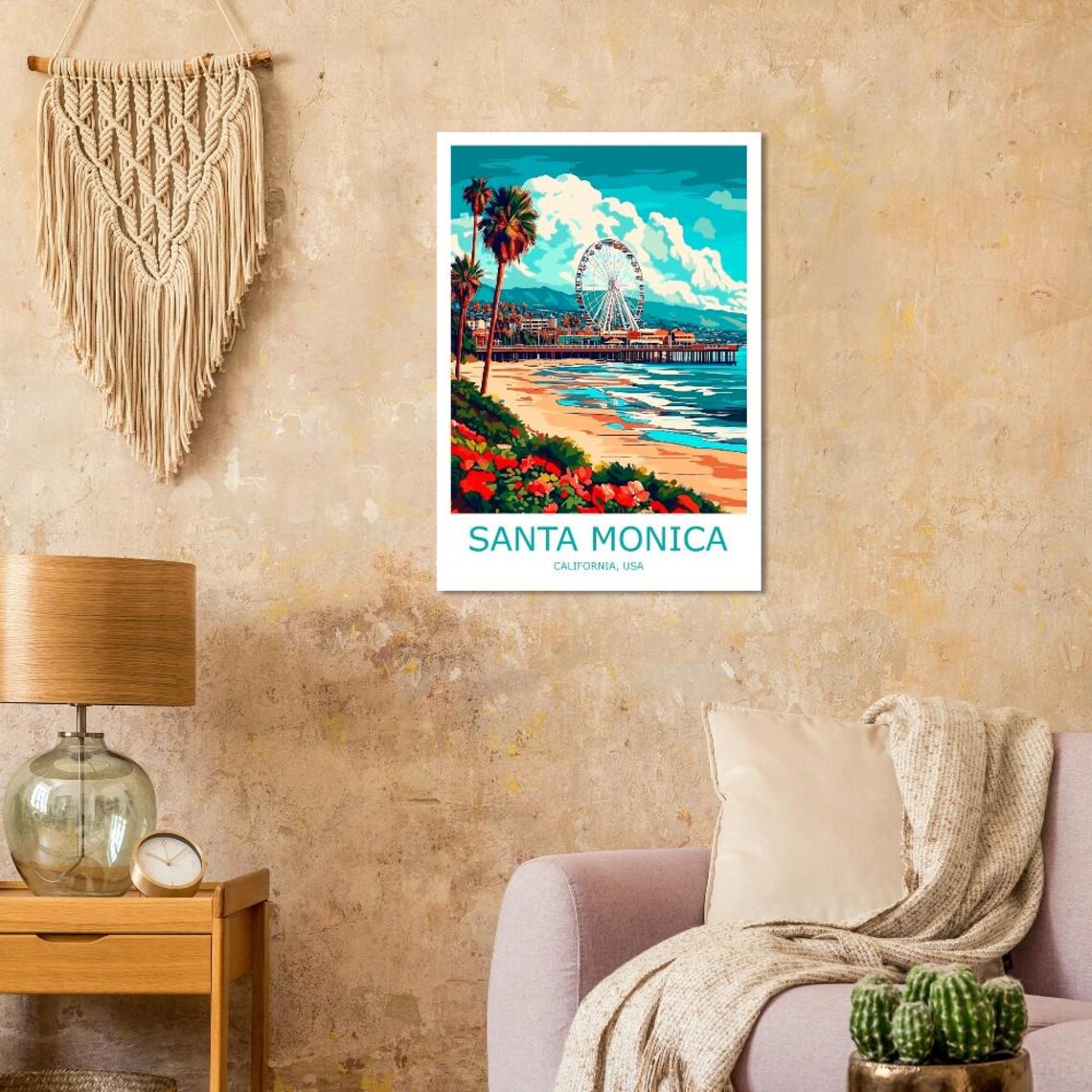 Santa Monica Pier Ferris Wheel Beach and Palms California Poster - Image 3