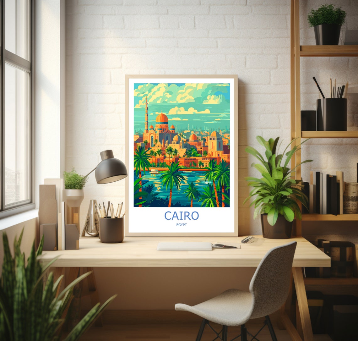 Cairo Egypt Mosques and Nile Palms Vintage Style Travel Poster - Image 3