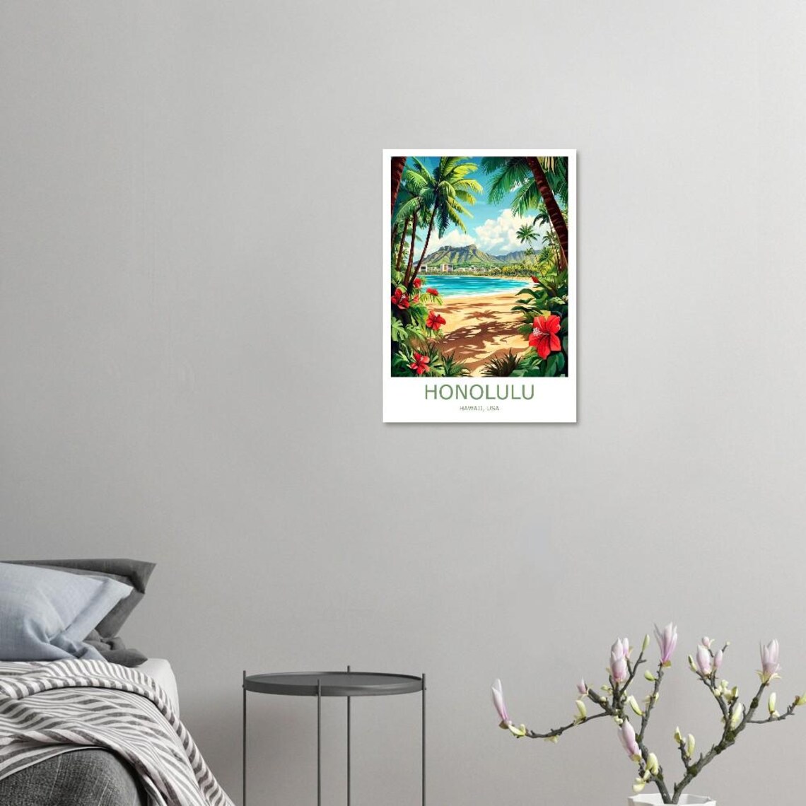 Honolulu Waikiki Beach Diamond Head Palm Trees Hawaii USA Poster - Image 2