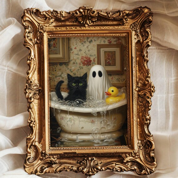 Cute Ghost Black Cat and Rubber Duck in a Bubble Bath Poster