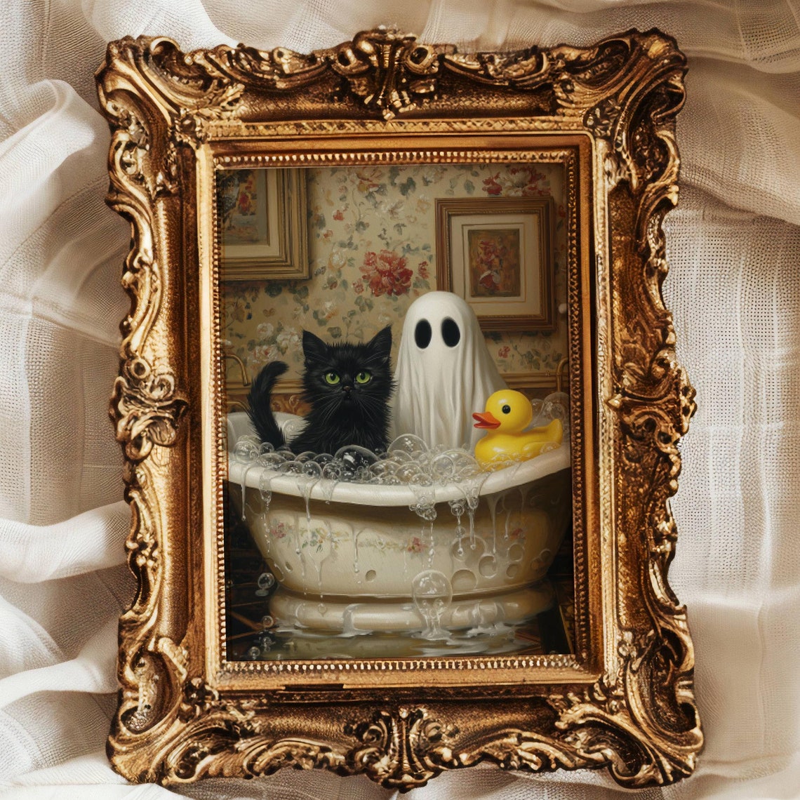 Cute Ghost Black Cat and Rubber Duck in a Bubble Bath Poster
