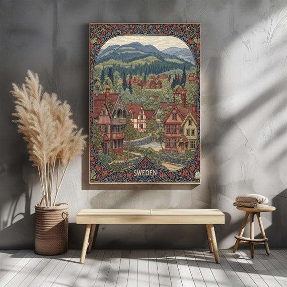 Sweden Countryside Posterwilliam Morris Style Floral Art Printscandinavian Village Wall Artvintage Nordic Landscape Illustrationtravel