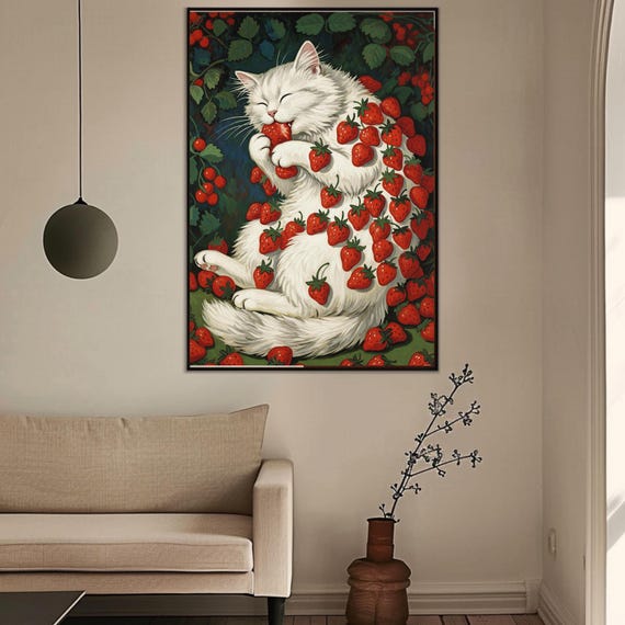 William Morris Cat Postercute White With Strawberries Illustrationwhimsical Berry Dreamfeline Delight Wall Artsummer Fruit Decor