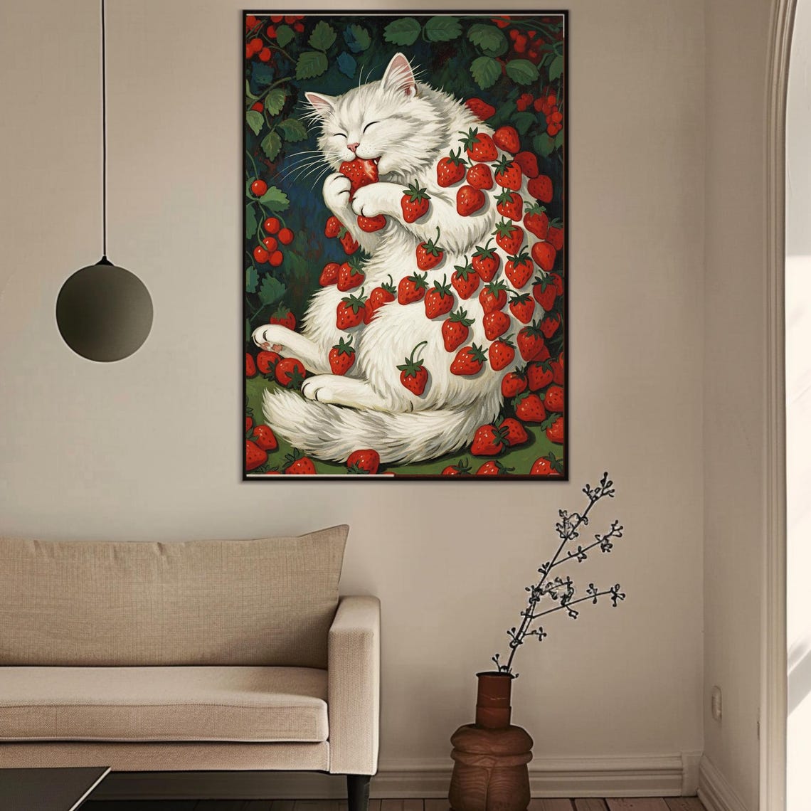 William Morris Cat Postercute White With Strawberries Illustrationwhimsical Berry Dreamfeline Delight Wall Artsummer Fruit Decor