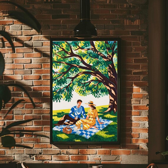 Peaceful Watercolor Couple Picnic Under Big Shady Tree Poster