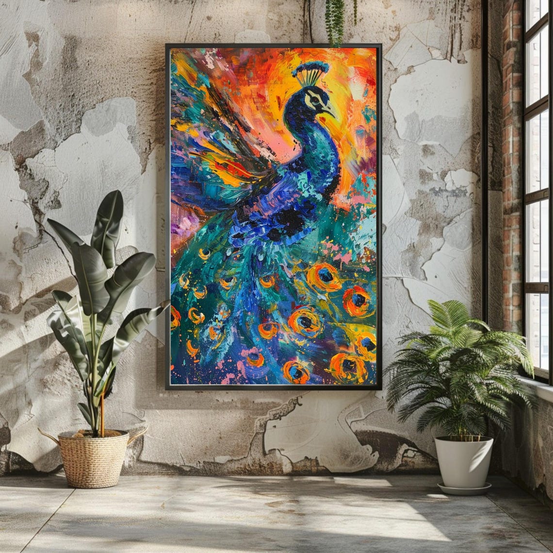 Flaming Peacock Feather Impasto Blue Orange Bold Abstract Poster
