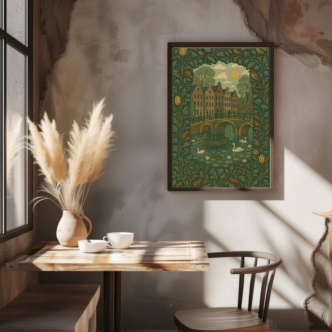 Amsterdam Canal Houses Swans William Morris Style Art Poster