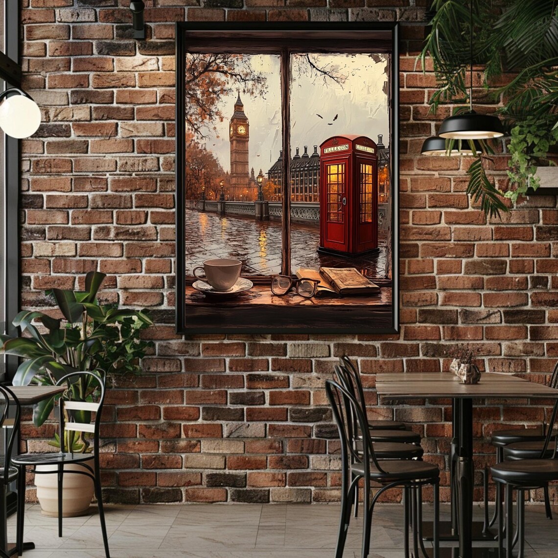 London Rain Through Window Big Ben Red Phone Booth Cozy View Poster
