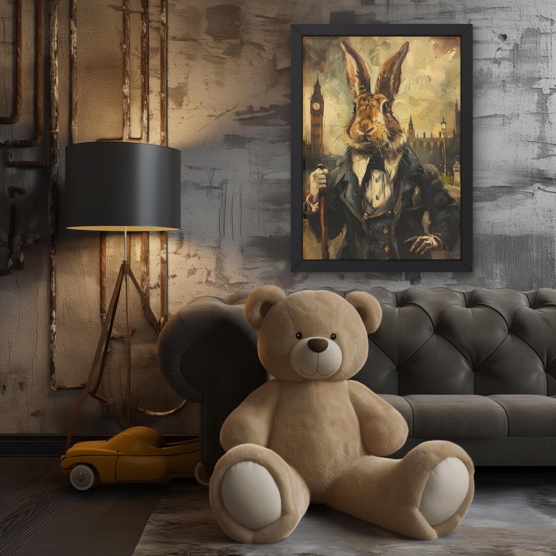 Dapper Rabbit Art Print Boho Concept London Backdrop Big Ben Whimsical Animal Surreal Charm Room Decor Gift For Lovers