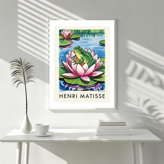 Henri Matisse Style Green Frog On Pink Water Lily Pond Art Print
