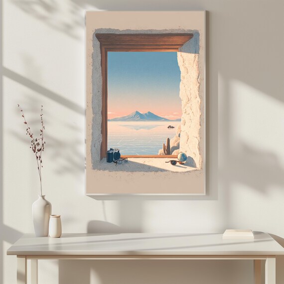 Desert Salt Flat Window View Poster Sunset Mountain Minimalist Wanderlust