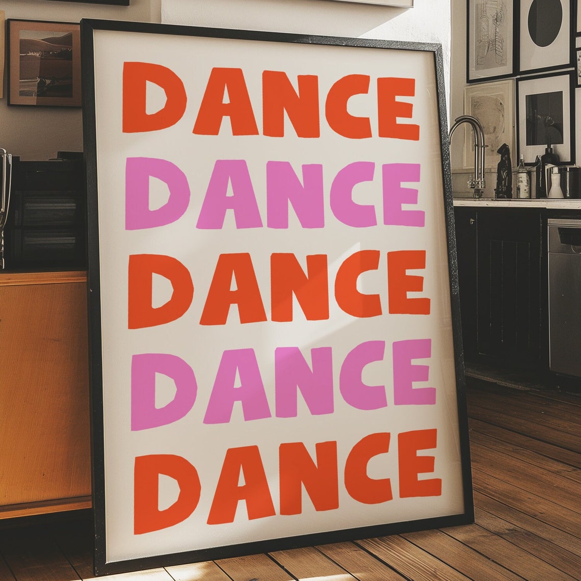 Dance Repeated Pink Orange Bold Kitchen Disco Typography Poster