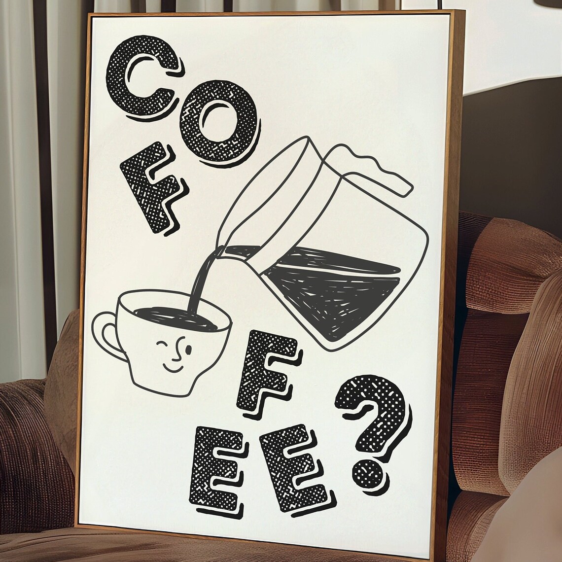 Playful Coffee Question Mark Poster with Pouring Pot and Smiling Cup - Image 2