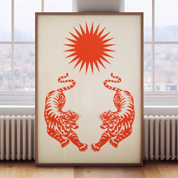 Tiger Sun Print Retro Minimalist Tiger Poster Bold Orange Tiger Wall Art Illustration