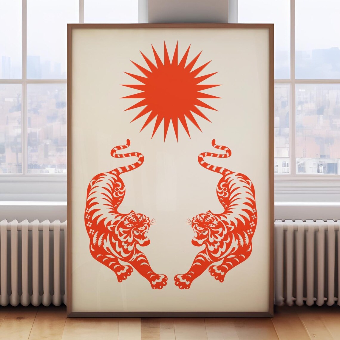 Twin Orange Tigers Spiky Sun Minimalist Bold Wildlife Art Poster