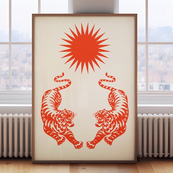Twin Orange Tigers Red Sun Minimalist Animal Line Art Poster