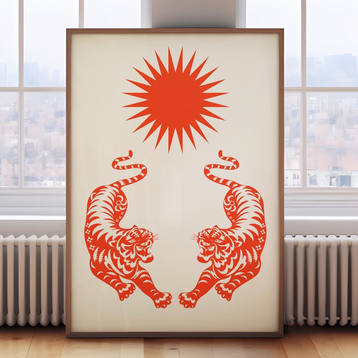 Twin Orange Tigers Red Sun Minimalist Animal Line Art Poster