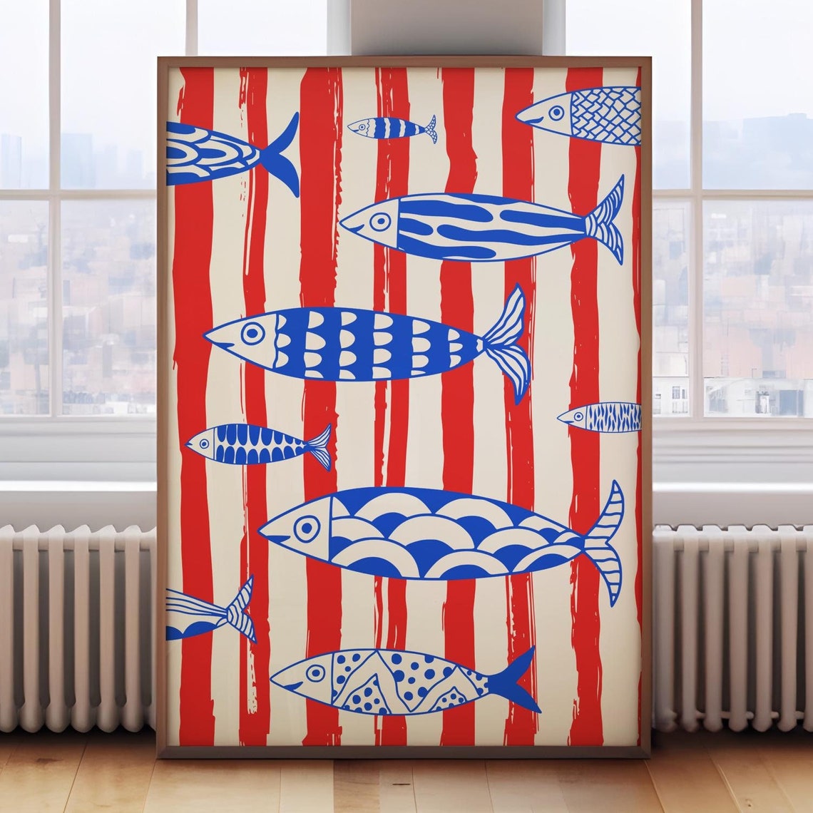 Patterned Blue Sardines Red Stripes Nautical Fish Art Poster