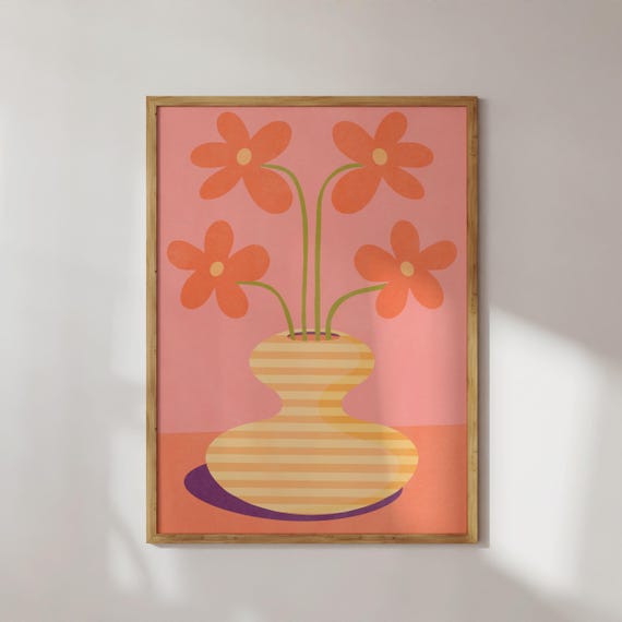Funky Pink Flower Print Abstract Vase Poster Maximalist Home Yellow Striped Decor Daisies Painting Wall Art Pastel Cute Colorful Art