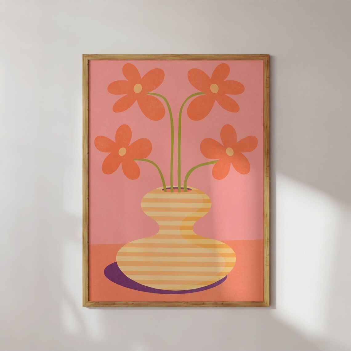 Orange Daisies In Yellow Striped Vase Maximalist Flower Art Poster