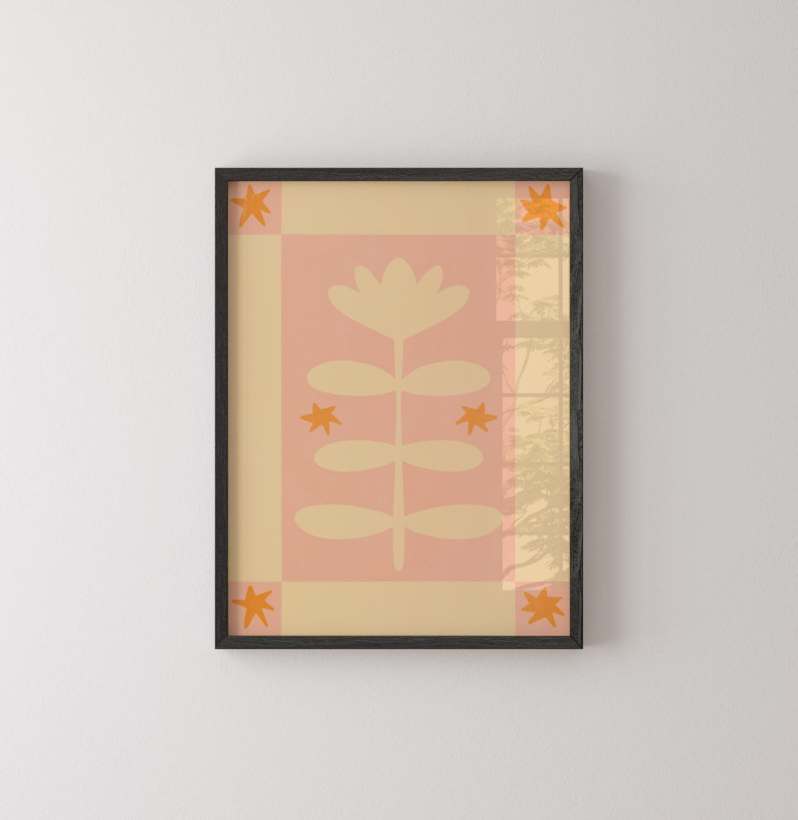 Cream Folk Plant With Orange Stars Scandinavian Pink Art Poster - Image 5