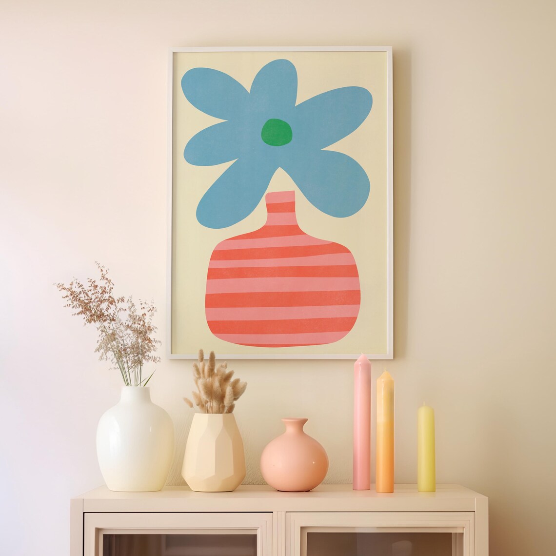 Blue Daisy In Orange Striped Vase Maximalist Colorful Art Poster - Image 2