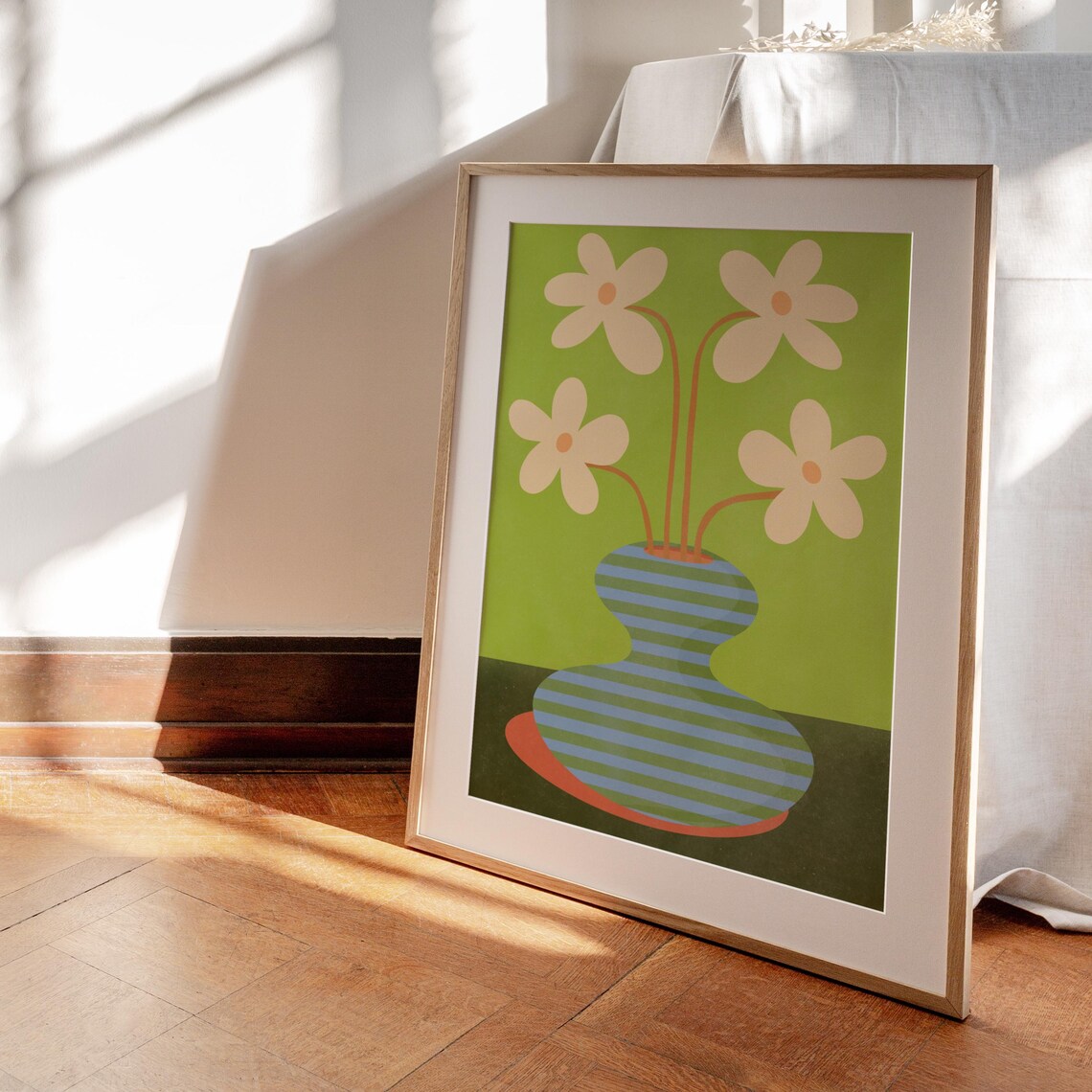 Green Striped Vase With Cream Flowers Maximalist Botanical Art Poster - Image 2