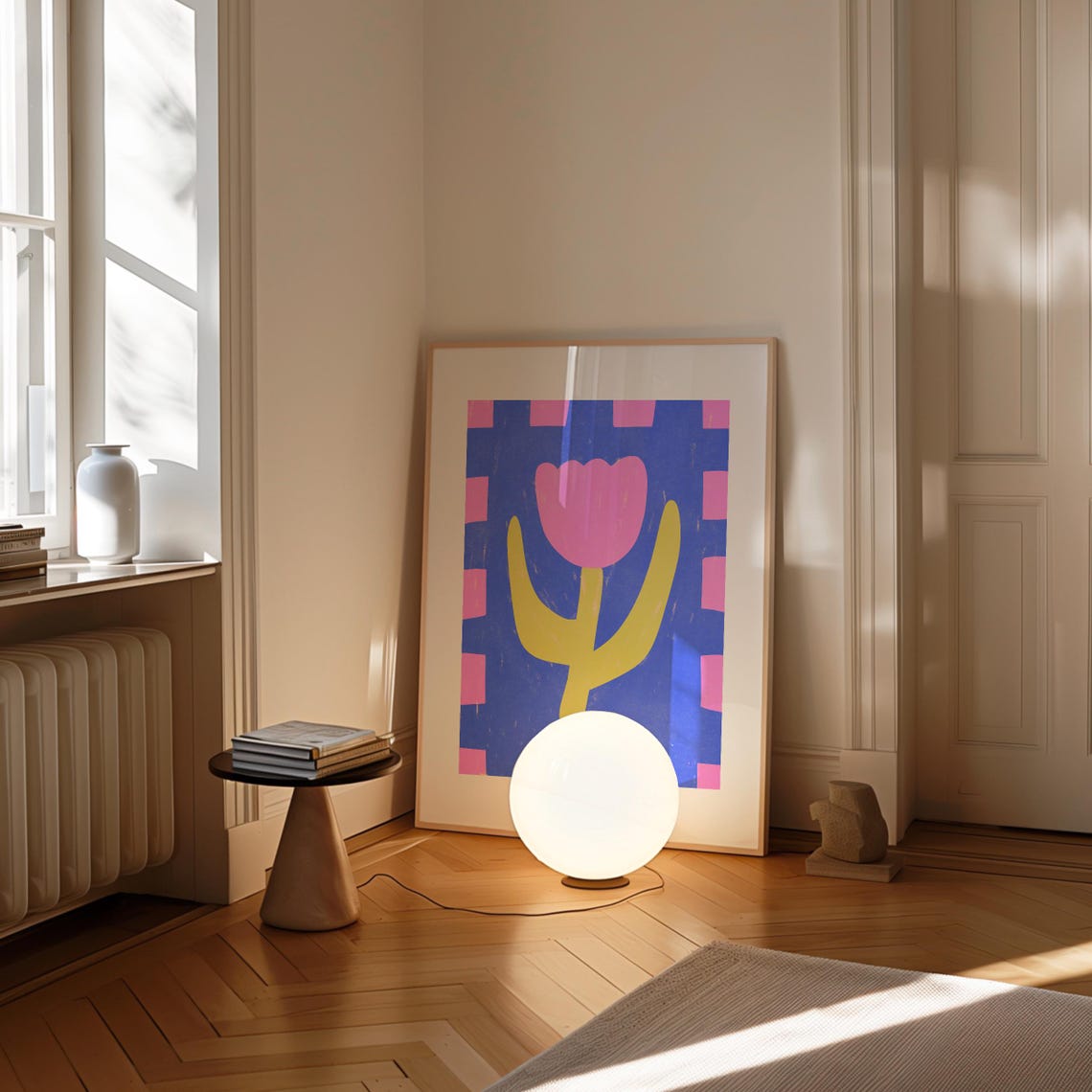 Pink Tulip On Cobalt Blue Scandinavian Folk Flower Art Poster - Image 3