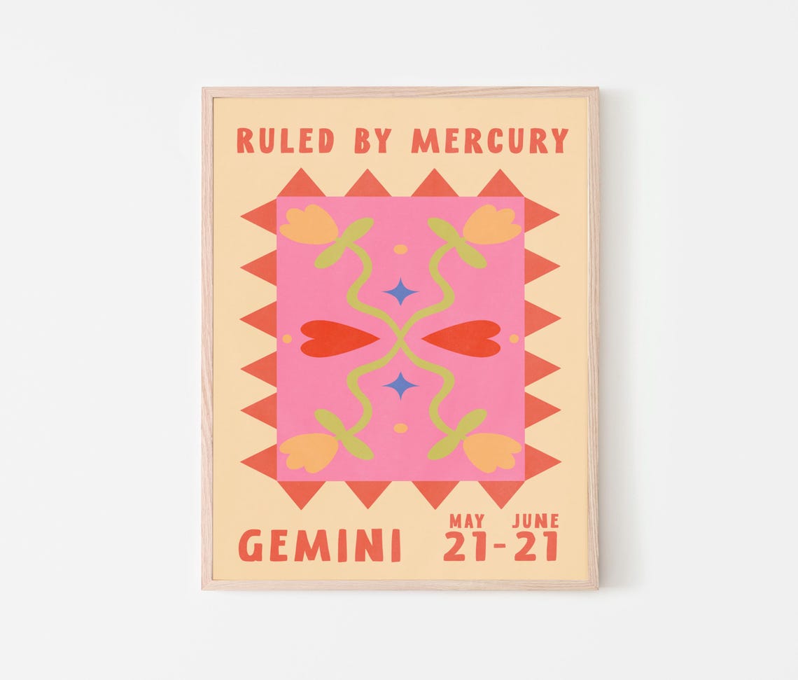 Gemini Zodiac Poster Ruled By Mercury Retro Flower Astrology Print