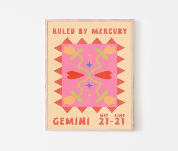Gemini Flower Poster Astrology Retro Wall Art Colorful Maximalist Zodiac Sign Print Pink Red Home Decor Personalized Sun Sign Gift