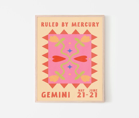 Gemini Zodiac Poster Ruled By Mercury Retro Flower Astrology Print