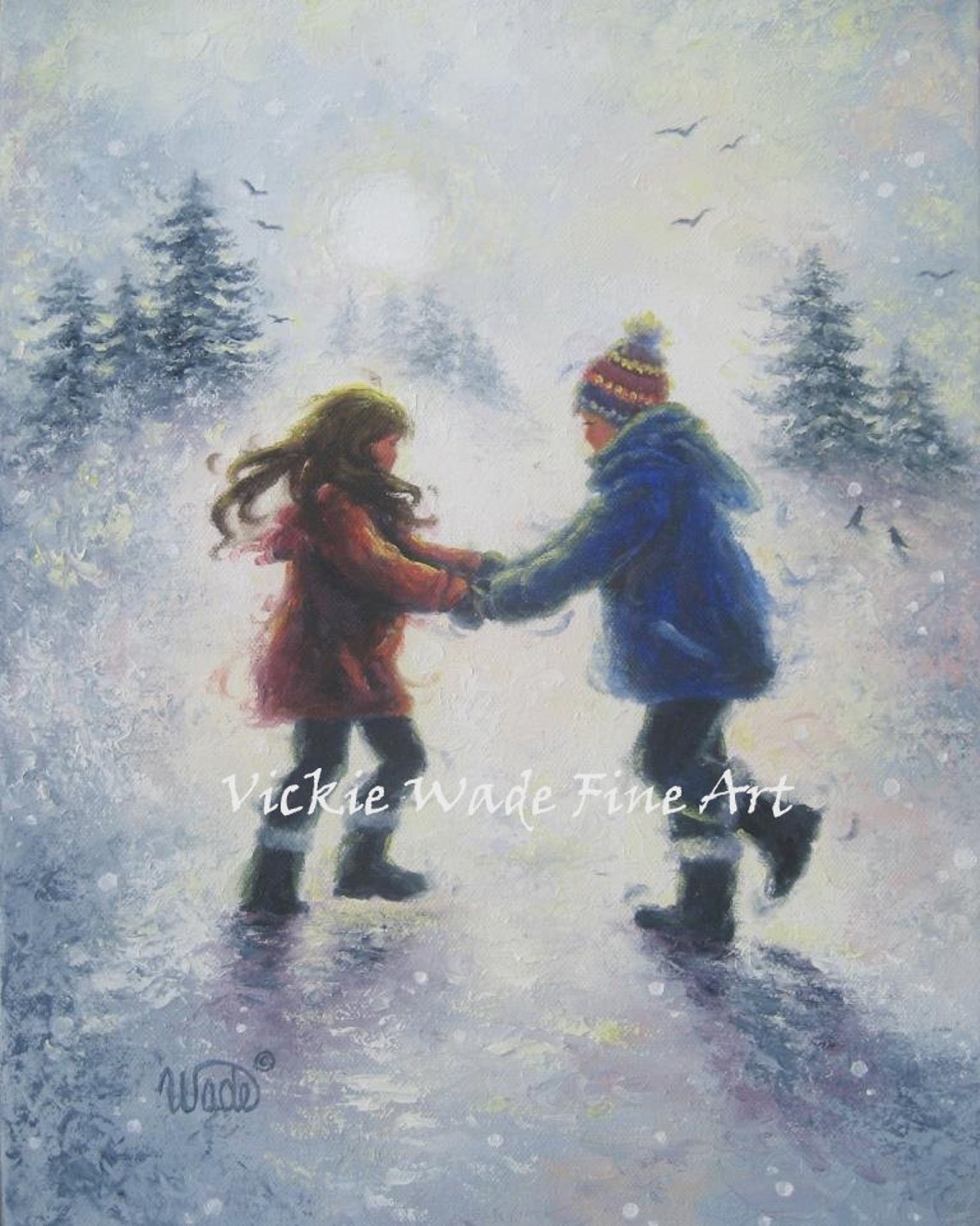 Brother And Sister Dancing Together In The Falling Snow Poster