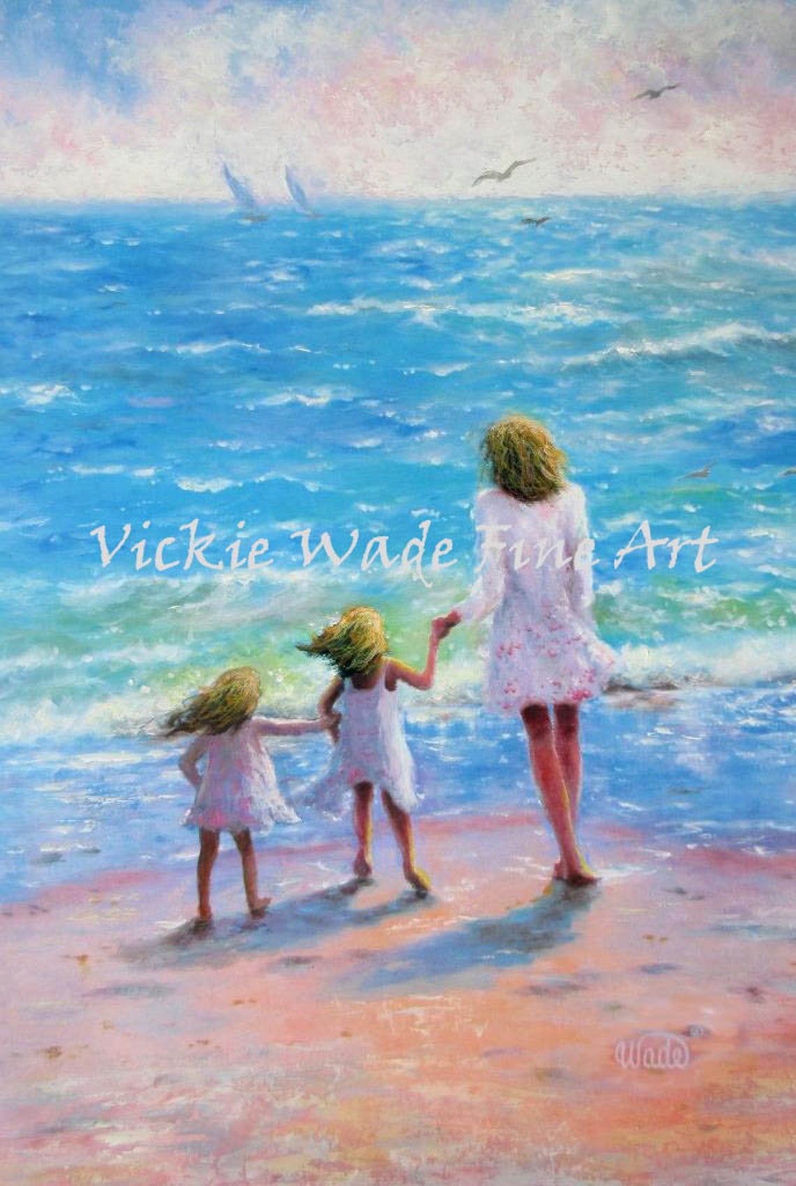 Mother with Two Blonde Daughters on the Beach at Sunset Poster